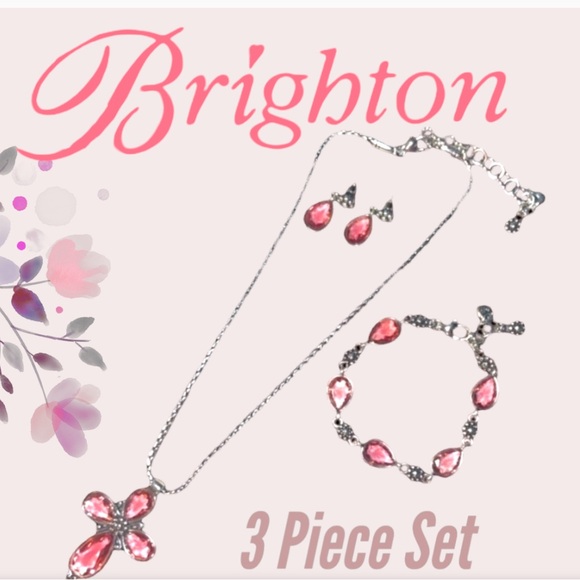 BRIGHTON 3 PIECE SET -LaVie Iridescent Pink Crystal Cross w/ Earrings & Bracelet - Picture 12 of 15